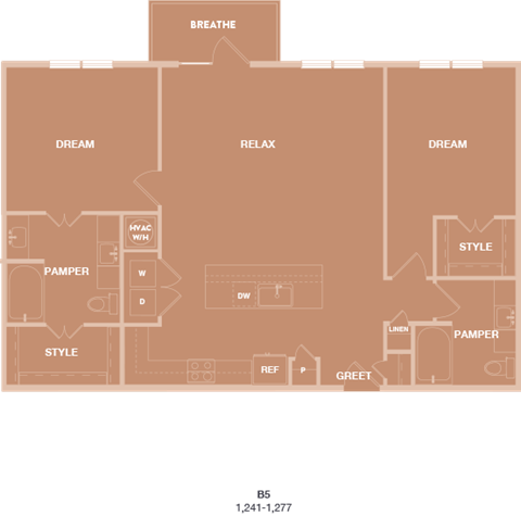 Floor plan for 2 beds, 2 baths, 1277 sqft